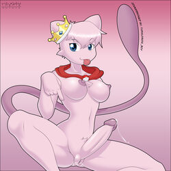 1futa anthro big_breasts big_penis blue_eyes breasts cape crown futa futa_only futanari herm intersex looking_at_viewer mew nipples penis pink poke_ball pokemon pokemon_(species) pokemorph precum pussy pussy_juice sitting solo straight_hair tail takipsilim tongue tongue_out