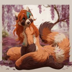 2023 ailurid anthro barefoot blue_eyes blue_nipples breasts brown_body brown_fur brown_nose brown_pawpads cheek_tuft cherry_blossom cherry_blossom_tree cherry_tree claws detailed_background digital_drawing_(artwork) digital_media_(artwork) facial_tuft feet female flower fluffy fluffy_tail fruit_tree fur hi_res inner_ear_fluff long_hair long_tail looking_away mammal multicolored_body multicolored_fur nipples nude orange_body orange_fur orange_hair pawpads paws plant prunus_(flower) red_panda sheruru sitting smile solo tail toe_claws tree tuft watermark white_body white_fur zeya_(saneaz)