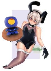 arsi_hakita_patala arsi_patala blush bulge bulge_through_clothing bunny_boy bunny_suit cute_blush erection erection_under_clothes front_view hakita heart_pupils holding_object holding_plushie male male_only one_male penis_outline purple_eyes sweating thick_thighs ultrakill ultrakill_developer v1_(ultrakill) v1_plush_(ultrakill) white_hair white_skin white_skinned_male