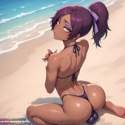 2025 ai ai_art ai_generated ass beach bikini bleach bleach:_the_thousand-year_blood_war bulge color colored dark-skinned_male dark_skin femboy osirix purple_hair self_upload shihouin_yuushirou stable_diffusion yushiro_shihouin
