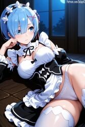 1girls ai_generated blue_eyes blue_hair cameltoe female female female_only hair_ribbon looking_away lying lying_on_side maid maid_apron maid_dress maid_headdress maid_outfit maid_uniform medium_breasts panties patreon re:zero_kara_hajimeru_isekai_seikatsu rem_(re:zero) salupai short_hair showing_panties solo solo_female thick_thighs thighhighs thighs uncensored watermark white_panties