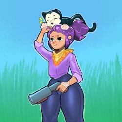 blue_pants brawl_stars feline female kit_(brawl_stars) looking_at_another notwawita purple_hair purple_shirt sfw shelly_(brawl_stars) simple_background thick_thighs weapon