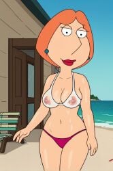 ai_generated bikini breasts female medium_breasts milf navel nipples orange_hair see-through solo swimsuit tongue wet