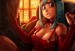2025 ai_generated artist_name bare_shoulders big_breasts blue_eyes bra_(dragon_ball) breasts cleavage crazyfishbones elbow_gloves female gloves large_breasts long_hair solo
