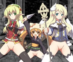 3girls blonde_hair blue_eyes blush bottomless bow brown_eyes chikyuujin_a elf female green_eyes hat knife long_hair looking_at_viewer multiple_girls open_mouth orange_hair outdoors pointy_ears pubic_hair pussy smile spread_legs staff standing thighhighs tied_hair twintails uncensored uniform weapon