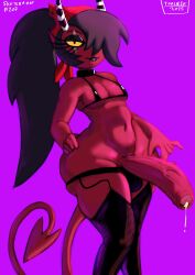 2025 2_horns artist_name ass balls balls_in_panties balls_in_underwear bedroom_eyes big_butt big_penis black_hair black_lips black_lipstick bodily_fluids bra breasts clothing cum cum_drip demon demon_humanoid dripping eye_scar eyelashes eyeshadow facial_scar genital_fluids genitals gynomorph hair hair_over_eye hellaverse helluva_boss hi_res horn huge_cock humanoid imp intersex lips lipstick makeup narrowed_eyes not_furry panties penis ponytail purple_background red_body red_skin sallie_may_(helluva_boss) scar seductive simple_background small_breasts solo spade_tail tail text thick_thighs tool01k trans_(lore) trans_woman_(lore) underwear wide_hips yellow_sclera