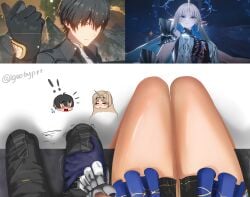 big_breasts big_butt big_girl big_thighs comparing comparing_sizes fleurdelys_(wuthering_waves) male_rover_(wuthering_waves) rover_(wuthering_waves) wuthering_waves