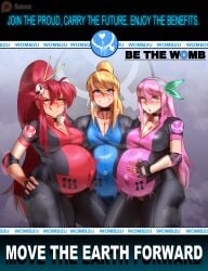 3girls advertisement aubrey_(omori) big_breasts blush choker cleavage crossover female looking_at_viewer message metroid nonosamu omori pregnant pregnant_female pregnant_with_multiples red_hair samus_aran tengen_toppa_gurren_lagann text thick_thighs uniform yoko_littner
