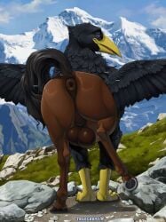 anus ass avian backsack balls bedroom_eyes big_balls big_butt bird black_body black_feathers black_tail brown_body brown_fur corvid corvus_(genus) crow dock_(anatomy) european_mythology feathered_wings feathers feral fur genitals greek_mythology hi_res hippogriff hooves looking_at_viewer looking_back looking_back_at_viewer male mountain mythological_avian mythological_creature mythology narrowed_eyes oscine passerine perineum presenting presenting_hindquarters puffy_anus scenery seductive solo tail truegrave9 wings