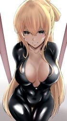 black_eyes black_suit blonde_hair breasts sentai_daishikkaku smile suzukiri_yumeko