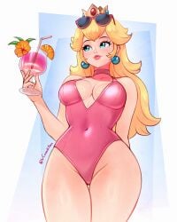 1girls 2025 absurdres alternate_costume artist_name blonde_hair blue_eyes breasts cleavage crown drink ear_piercing earrings female female_only highres konomidraw large_breasts light-skinned_female light_skin long_hair mario_(series) navel princess princess_peach skin_tight solo sunglasses sunglasses_on_head swimsuit watermark