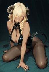 1girls 2025 ai_generated azur_lane big_breasts black_legwear black_leotard black_pantyhose blonde_hair breasts civitai cleavage dark-skinned_female dark_skin female highleg_leotard horns legwear leotard looking_at_viewer owari_(azur_lane) pantyhose sitting sitting_on_bed solo succubus succubus_tail thighs unknown_artist yellow_eyes yellow_lips yellow_lipstick