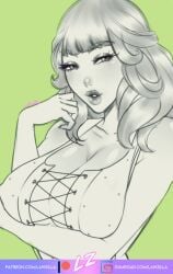 1girls 2021 big_breasts bikini bikini_top breasts bust cleavage female female_only green_background law-zilla league_of_legends long_hair looking_at_viewer qiyana_yunalai riot_games sketch