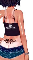back bangs black_hair bob_cut canine canine_on_human facing_away female female_on_feral feral feral_on_female feral_on_human handjob human_on_feral interspecies knotted koi_yukino leaking_cum leaking_precum original pawprint seductive shirt short_hair short_shorts skinny small_breasts tan tan_lines tan_skin tattoo tattoos text text_on_clothing tramp_stamp zoophilia