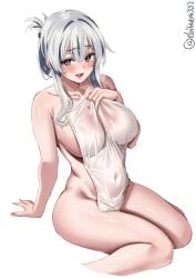 arm_support artist_name blue_eyes blue_hair blush breasts collarbone covered_navel covering_privates ebifurya female folded_ponytail grey_hair hair_between_eyes hair_intakes hand_on_own_chest hand_up highres invisible_chair kamoi_(kantai_collection) kantai_collection large_breasts long_hair looking_at_viewer multicolored_hair naked_towel nude_cover one-hour_drawing_challenge open_mouth see-through_towel shiny_skin sidelocks simple_background sitting smile solo thick_eyebrows thighs towel twitter_username two-tone_hair white_background