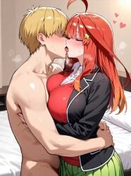 1boy 1girls ai_generated bedroom blonde_hair female go-toubun_no_hanayome hug male nakano_itsuki nude_male school_uniform tongue_kiss