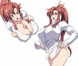 blush bottomless breasts censored cleavage cum cup erect_nipples female hand_on_hip hips huge_breasts human kloah male mug open_mouth paizuri paizuri_under_clothes penis red_hair simple_background straight tengen_toppa_gurren_lagann yellow_eyes yoko_littner