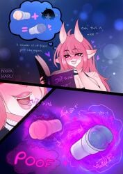 artist_name black_clothing black_topwear book clothed clothing comic eyelashes female grin hair hi_res holding_book holding_object humanoid long_hair magic_user narrowed_eyes norakaru open_mouth penetrable_sex_toy pink_body pink_hair red_eyes sex_toy simple_background smile solo text thought_bubble topwear