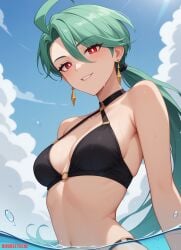 1girls ai ai_assisted ai_generated anime_style black_swimsuit bubbleteexl earrings female game green_hair looking_at_viewer pokemon red_eyes rika rika_(pokemon) smile swimsuit water