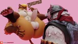 3d_(artwork) 5_fingers 5_toes abs anthro armor ass balls bear big_butt blonde_hair brown_clothing brown_fingerless_gloves brown_footwear brown_gloves brown_handwear brown_headwear bulletproof_vest camseven cheek_tuft claws clothing dialogue digital_media_(artwork) domestic_cat duo english_text epic_games erection facial_tuft feet felid feline felis finger_claws fingerless_gloves fingers footwear fortnite fur fur_tuft furgonomic_helmet genitals glans gloves hair hand_on_butt hand_on_own_butt handwear headgear headwear helmet hi_res male mammal meowtooth multicolored_body multicolored_fur orange_body orange_fur pantherine patreon patreon_logo pecs penis pink_background polar_bear polar_patroller simple_background tail talking_to_another text tiger toe_claws toes tuft ursine white_body white_fur