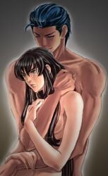 1boy 1girls aozora_kyuuji ayra_(fire_emblem) black_hair blue_hair completely_nude completely_nude_female completely_nude_male crying_with_eyes_open female fire_emblem fire_emblem:_genealogy_of_the_holy_war hug hug_from_behind lex_(fire_emblem) long_hair male medium_breasts muscular muscular_male nude short_hair third-party_source