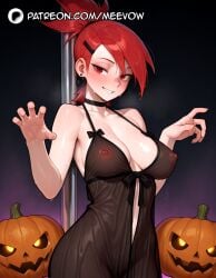 1girls ai_generated bare_shoulders black_choker blush breasts choker claw_pose collarbone covered_nipples cowboy_shot earrings female foster's_home_for_imaginary_friends frankie_foster gradient_background grin hair_ornament hairclip halloween hands_up jack-o'-lantern jewelry large_breasts looking_at_viewer meevow nipples patreon_logo patreon_username ponytail pumpkin red_eyes red_hair see-through smile solo sweat