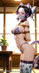 ai_female ai_generated big_breasts black_hair bondage butterfly_hair_ornament cat_ears cat_tail catgirl color colored demon_slayer female hell-pantsu hi_res kimetsu_no_yaiba kochou_shinobu mask multicolored_hair purple_eyes purple_hair