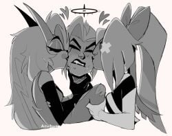 1demon 2angels 3girls about_to_get_sucked_hard angel azulbun battle_suit between_girls biting_lip charlie_morningstar charlie_morningstar_(hazbin_hotel) cheek_kiss cheeks clenched_teeth corruption demon demon_girl demon_horns fallen_angel females_only getting_horny halo hand_on_neck hand_on_throat hazbin_hotel heart interracial_kiss interracial_yuri kisses kissing_cheek lesbian_focus lesbian_pleasure lute_(hazbin_hotel) princess secretly_loves_it sexual_torture shipped shipping subordinate sweat sweating teasing threesome torturing trying_not_to_moan trying_to_resist vaggie vaggie_(hazbin_hotel) vivienne_medrano yuri