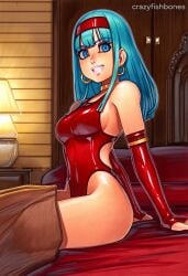 2025 ai_generated artist_name blue_eyes bra_(dragon_ball) breasts crazyfishbones earrings female gloves leotard long_hair sitting solo thighhighs