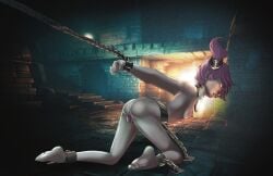 ai_generated_background binder_(restraint) bondage chains collar dc dc_comics dildo dildo_in_pussy drooling grey_skin handdrawn handdrawn_art jinx_(dc) legs_apart looking_at_viewer looking_over_shoulder manacles naked nude piercings pink_hair slave teen_titans tongue_out