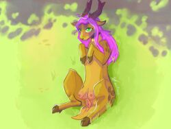 anatomically_correct anatomically_correct_genitalia anatomically_correct_pussy animal_genitalia anus arcticos blush cervine cervine_genitalia cervine_pussy deer female feral flayra_(arcticos) genitals grass green_eyes hair hi_res hooves horn long_hair lying mammal neckwear on_back pink_hair plant pussy solo spots teats