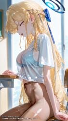 ai_female ai_generated asuma_toki blonde_hair blue_archive blue_eyes bra breasts color colored female hell-pantsu hi_res medium_breasts perfect_body toki_(blue_archive)