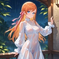 18yo 1girls ai_generated belly_button bottomless breast, breasts c.c.leah dress_only exhibitionism female female_focus ffxiv final_fantasy final_fantasy_xiv minfilia no_bra no_panties outdoors petite petite_female public_nudity ryne_waters see-through see-through_clothing shirt_only solo_focus transparent_clothing voyeurism wet wet_clothes wet_skin