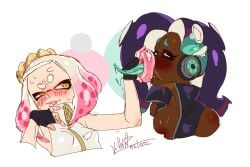 donut long_tongue marina_(splatoon) pearl_(splatoon) saliva_on_tongue splatoon splatoon_2 sweat yuri