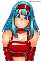 2025 ai_generated artist_name blue_eyes blue_hair bra_(dragon_ball) breasts choker crazyfishbones earrings female gloves jewelry long_hair solo