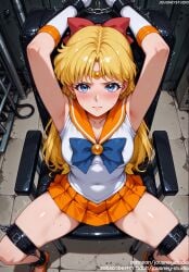 1girls ai_generated angry armpits arms_behind_head arms_up bangs bishoujo_senshi_sailor_moon blonde_hair blue_bow blue_eyes blush bondage bound bow bowtie breasts chains chair choker circlet closed_mouth clothing covered_navel crescent cuffs elbow_gloves female footwear glaring gloves hair_ornament hairbow indoors jousneystudio long_hair looking_at_viewer magical_girl minako_aino miniskirt orange_choker orange_sailor_collar orange_skirt pleated_skirt red_bow restrained sailor_collar sailor_senshi_uniform sailor_venus scowl shoes sitting skindentation skirt solo spread_legs sweat thighs tiara trembling uniform v-shaped_eyebrows white_gloves