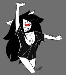billinsanity415 black_hair black_shirt breasts catwitch_(xarop77) disheveled disheveled_clothing disheveled_hair getting_up grey_background long_hair nipples no_pants one_breast_out_of_clothes only_shirt raised_arm raised_arms raising_arm red_eyes shirt_only small_breasts twitter_username xarop77