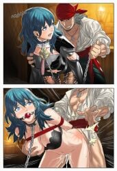 1boy 1girls ai_generated ball_gag bondage byleth_(fire_emblem)_(female) comic comic_panel crying female fire_emblem fire_emblem:_three_houses gag grabbing male pirate scared sex spanking tagme text