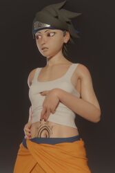 1girls black_hair boruto:_naruto_next_generations exposed_midriff female glasses naruto red_eyes sarada_uchiha solo tattoo uzumaki_naruto_(cosplay) uzumaki_symbol