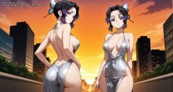ai_female ai_generated big_breasts black_hair butterfly_hair_ornament color colored dress female hell-pantsu hi_res kimetsu_no_yaiba kochou_shinobu multicolored_hair purple_eyes purple_hair