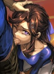 1boy ai_generated athletic_leotard bangs blue_bow blue_leotard blue_shirt bow breasts brown_hair collarbone fellatio female fluffyhairenjoyer from_above glaring hair_ornament hairbow half_updo hand_on_another's_head kneeling leotard long_hair long_sleeves looking_at_viewer looking_up medium_breasts novelai one_eye_closed oral pants pantyhose parted_bangs penis purple_eyes saliva shirt shoujo_kageki_revue_starlight sidelocks sitting solo_focus straight sweat tearing_up tears tendou_maya uncensored x_hair_ornament