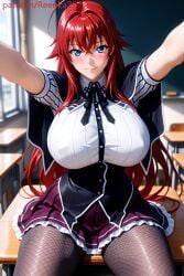 ai_generated blue_eyes blush classroom desk erect_nipples high_school_dxd huge_breasts imminent_hug red_hair rias_gremory school school_uniform sitting spread_arms spread_legs
