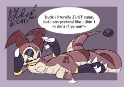 2023 after_masturbation after_orgasm anthro arm_support big_claws big_horn big_penis bodily_fluids border chaokocartoons claw_fingers claw_toes claws cum cum_drip cum_on_hand cum_pool cum_string dated dragon dripping english_text femboy full-length_portrait genital_fluids genitals half-erect hi_res horn humanoid_genitalia humanoid_penis hybrid imp leaning_on_elbow long_tail looking_at_viewer lying male male_anthro markings mostly_nude mythological_creature mythological_scalie mythology on_side open_mouth open_smile pecs penis portrait pupils scalie seductive simple_background slit_pupils smile solo speech_bubble striped_markings striped_tail stripes tail tail_markings tail_orb talking_to_viewer text veri_(chaokocartoons) white_claws wide_hips yellow_eyes