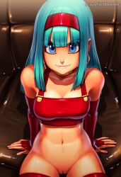 2025 ai_generated artist_name blue_eyes bra_(dragon_ball) breasts crazyfishbones elbow_gloves female gloves long_hair looking_at_viewer navel solo thighhighs