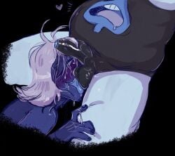 balls_on_face blue_skin chubby chubby_male cum currentlytr_ash deltarune king_spade licking licking_balls rouxls_kaard sweat sweating sweaty white_hair