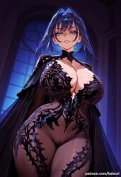 ai_generated balecxi blue_eyes blue_hair cameltoe cape cleavage female hair_intakes hololive hololive_english hololive_english_-council- hololive_english_-promise- huge_breasts looking_at_viewer ouro_kronii short_hair solo thighs virtual_youtuber