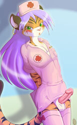 1boy abstract_background anthro arms_behind_back balls blush crossdressing erection feline fur furry girly green_eyes hat long_hair looking_at_viewer male male_only nurse penis potato_otter purple_hair solo standing stockings tiger