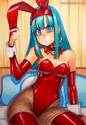 2025 ai_generated animal_ears artist_name bra_(dragon_ball) breasts crazyfishbones female fishnets leotard long_hair pantyhose playboy_bunny rabbit_ears solo