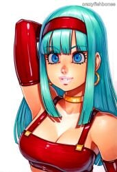 2025 ai_generated artist_name blue_eyes blue_hair bra_(dragon_ball) breasts cleavage crazyfishbones female gloves hairband long_hair looking_at_viewer solo