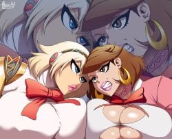 2girls aigis_(persona) alviriaart angry big_breasts blonde_hair blue_eyes breasts brown_hair female female_only huge_breasts large_breasts megami_tensei multiple_girls persona persona_3 yukari_takeba